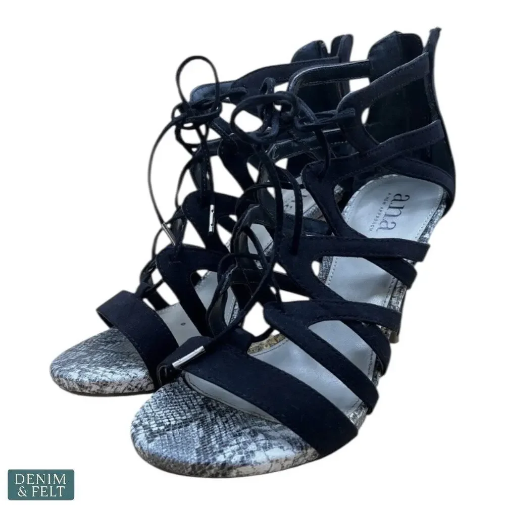 a.n.a Willa Black Strappy Lace Up Heels Snakeskin Detail Women’s‎ 7.5M
